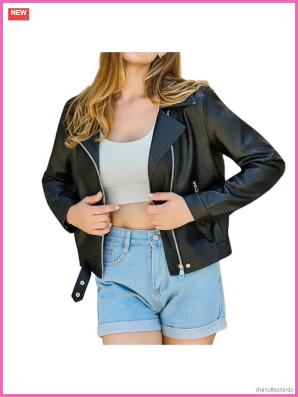Women's Cropped Faux Leather Moto Jacket Slim Fit Transitional Coat